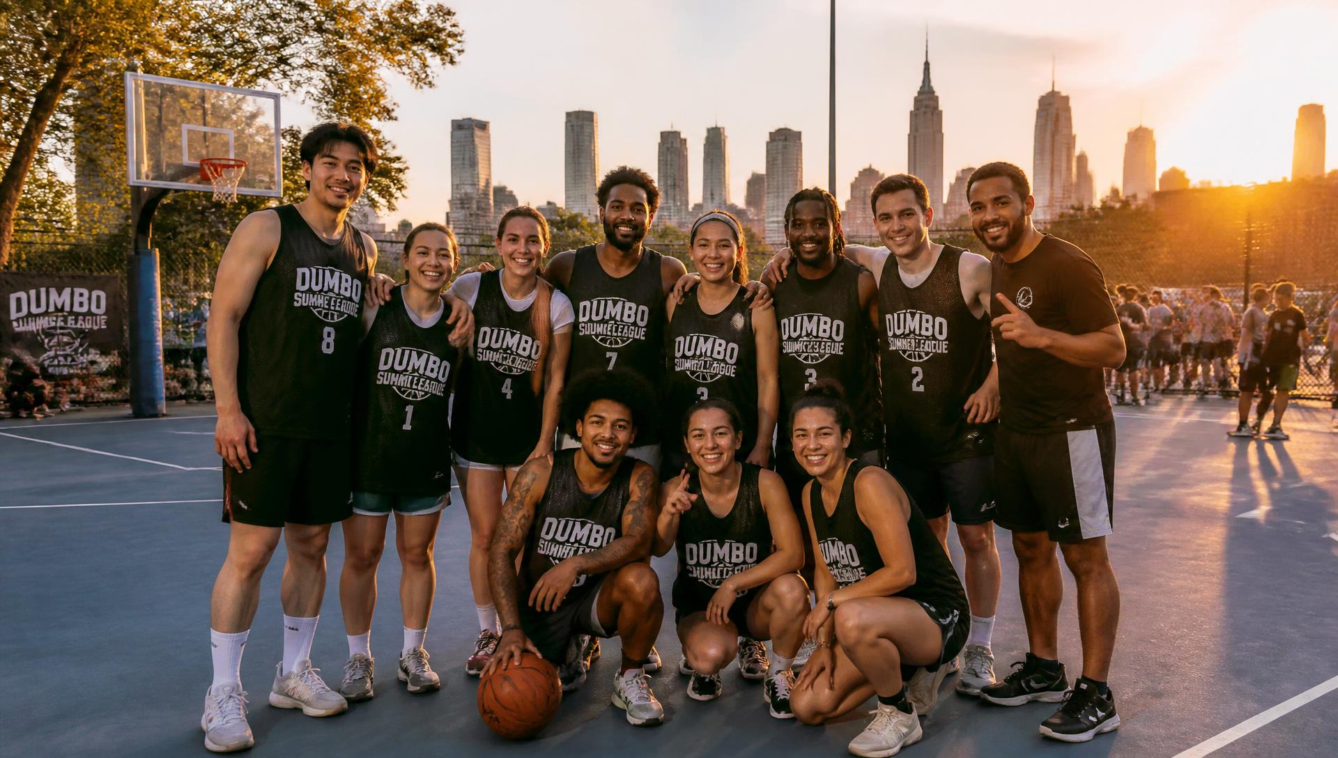 Adult community league players gathered on an urban basketball court at sunset